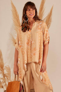Yacamim Beige Printed Long Back Loose Shirt A5