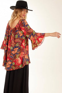 Yacamim Wide Tunic with 3/4 Sleeves and Ruffles, Printed Red