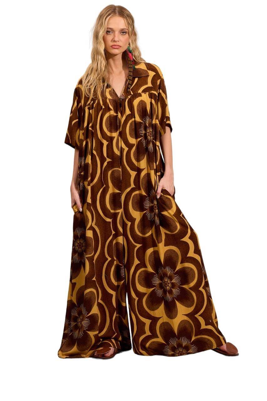 Yacamim Brown Printed V-Neck Wide-Leg Jumpsuit