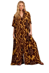 Yacamim Brown Printed V-Neck Wide-Leg Jumpsuit