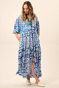 Yacamim Blue Printed Long Shirt Dress with 3/8 Raglan Sleeves