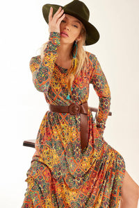 Long Dress with Tight Long Sleeves, Arabesque Print Yacamim