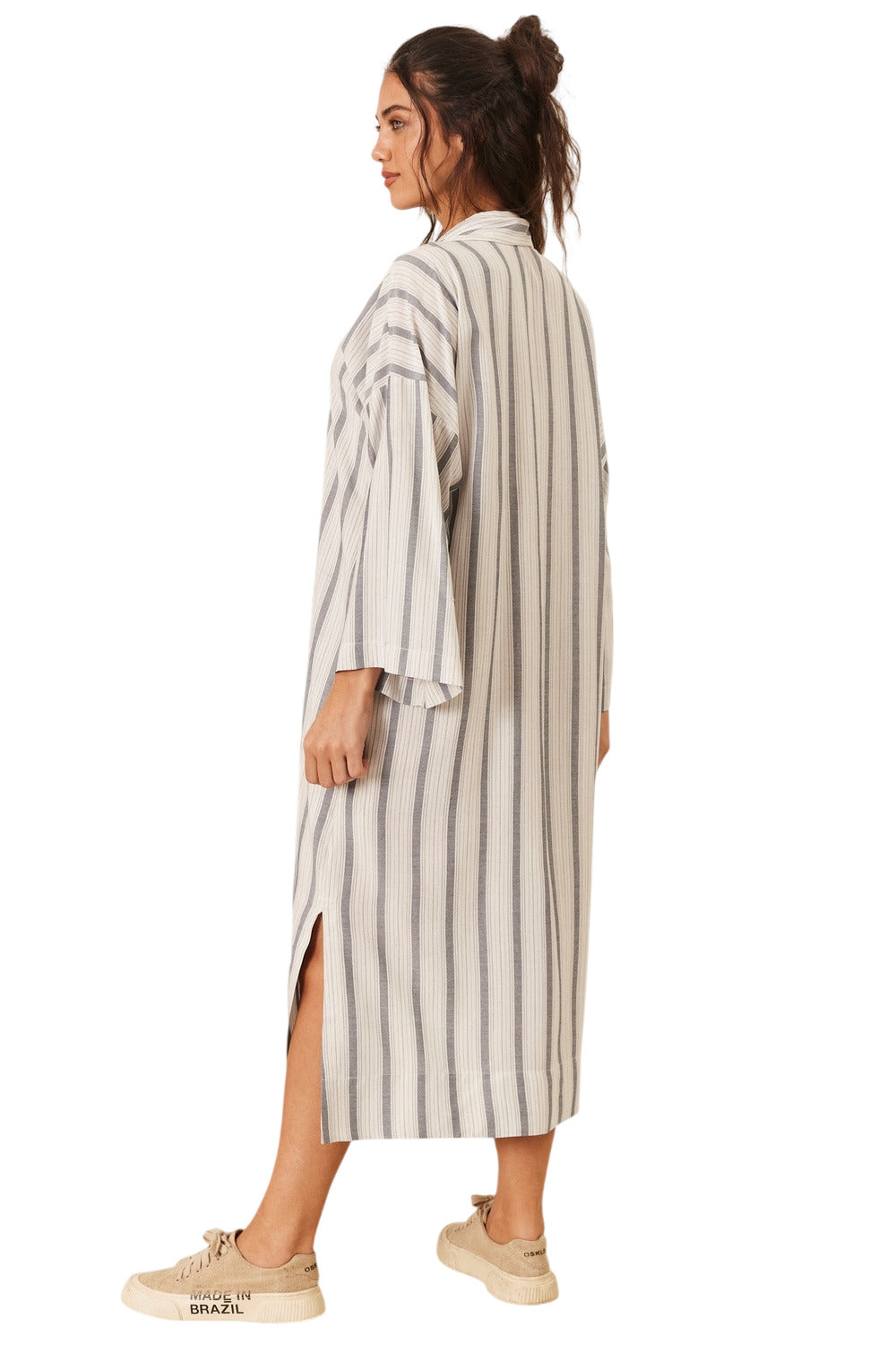 Chemise Amplo Midi Manga Longa Cinza Listrado Yacamim M8
