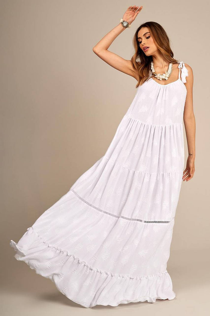 White Yacamim D21 Long Strappy Dress with Ladder Lace and Ruffles