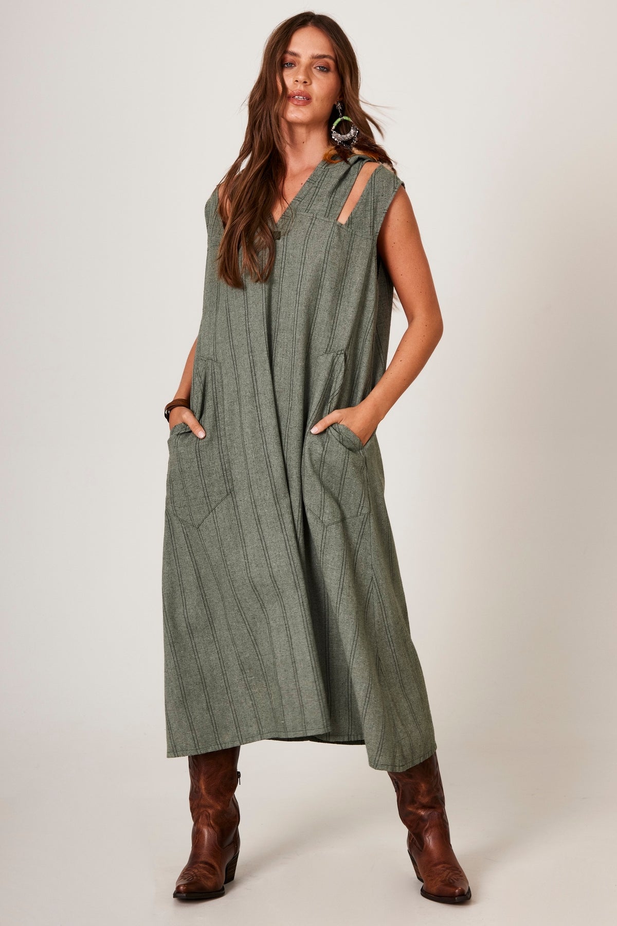 Yacamim C14 Striped Green Linen Sleeveless Midi Dress with Hood