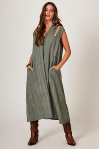 Yacamim C14 Striped Green Linen Sleeveless Midi Dress with Hood