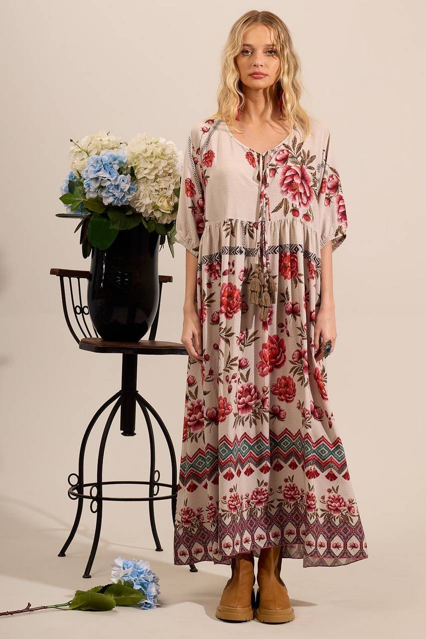 Long Printed Beige Yacamim Dress with Pom-Pom Drawstring