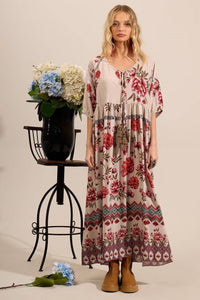 Long Printed Beige Yacamim Dress with Pom-Pom Drawstring