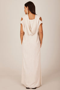 Yacamim D9 Beige Linen Long Dress with Cut-Out Shoulders and Hood