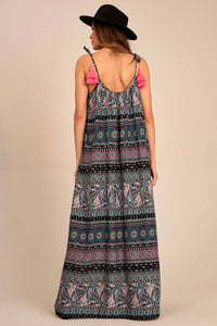 Yacamim C3 Basic Black Cashmere Print Long Dress with Tie Straps