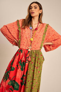 Yacamim Salmon and Red Patchwork Wide Maxi Dress