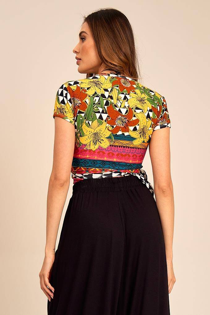 Cropped Short-Sleeved Wrap Top Yellow Printed Yacamim F12<br /><br />