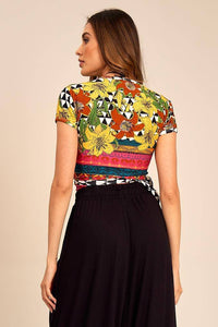 Cropped Short-Sleeved Wrap Top Yellow Printed Yacamim F12<br /><br />
