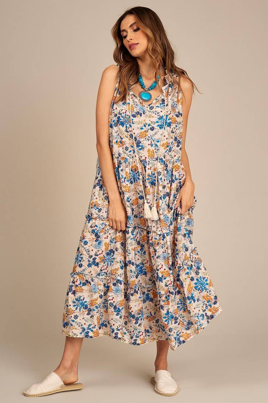 Yacamim Off-White Broderie Midi Dress with Print