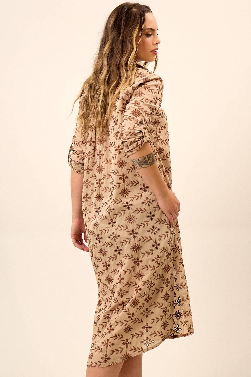 Light Brown Yacamim M6 Embroidered Midi Shirtdress