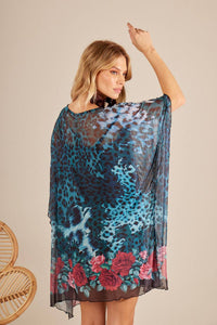 Wide Transparent Blouse with Frida Kahlo Blue Print Yacamim