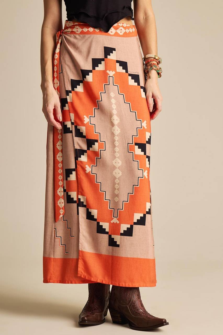 Yacamim A39 Printed Orange Wrap Long Straight Skirt