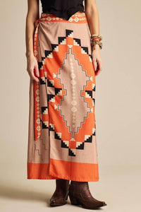 Yacamim A39 Printed Orange Wrap Long Straight Skirt