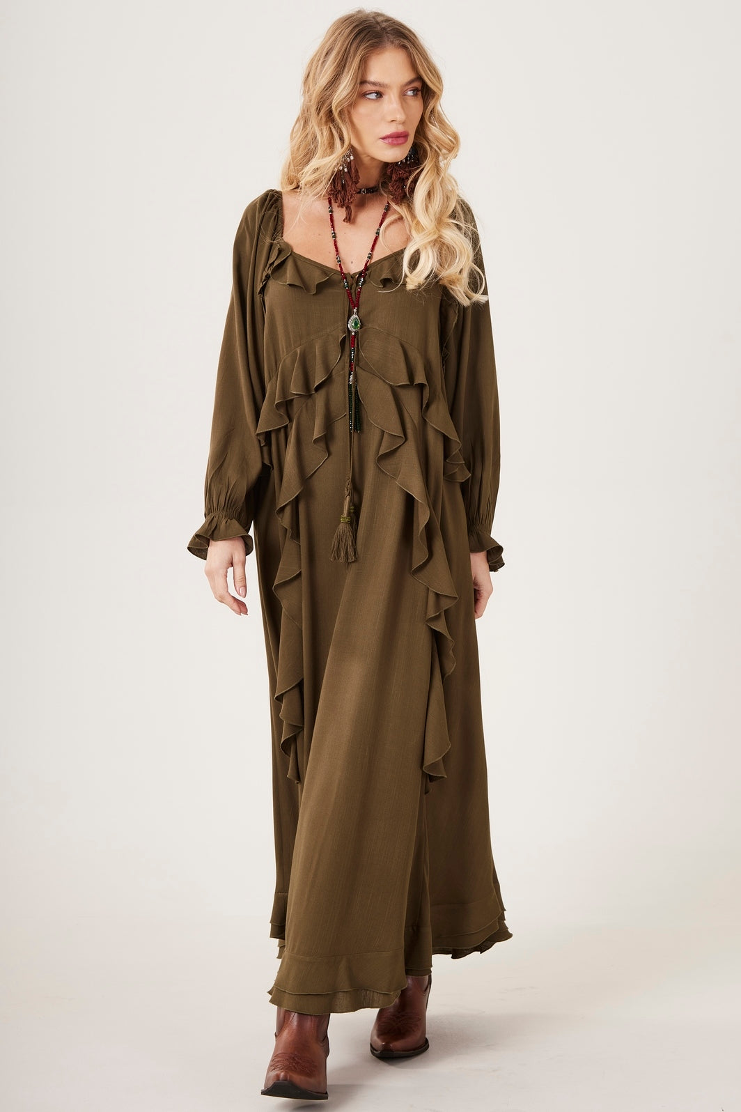 Yacamim C27 Plain Moss Green Off-the-Shoulder Long Dress