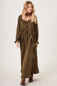 Yacamim C27 Plain Moss Green Off-the-Shoulder Long Dress