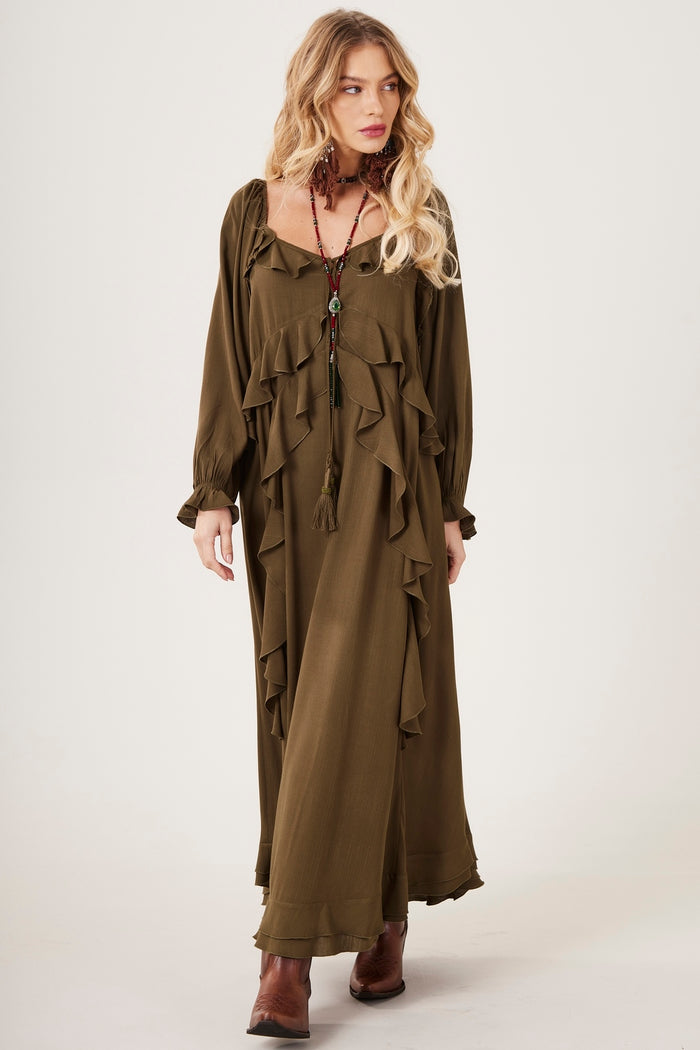 Yacamim C27 Plain Moss Green Off-the-Shoulder Long Dress