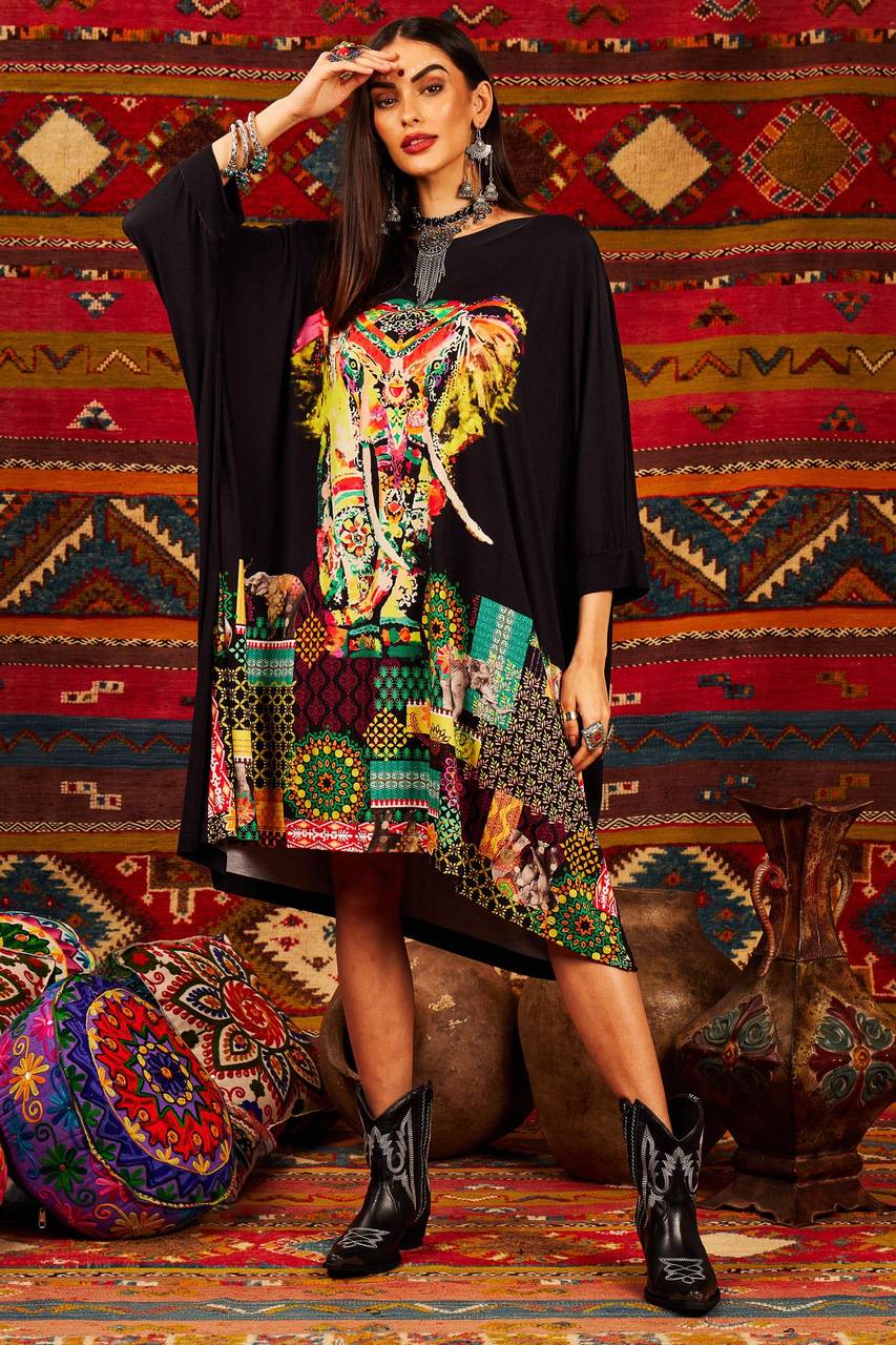 Yacamim Black Elephant Print Long-Sleeved Short Dress