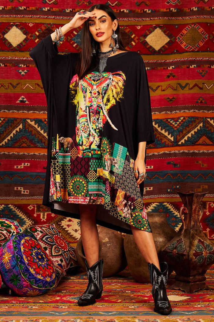Yacamim Black Elephant Print Long-Sleeved Short Dress