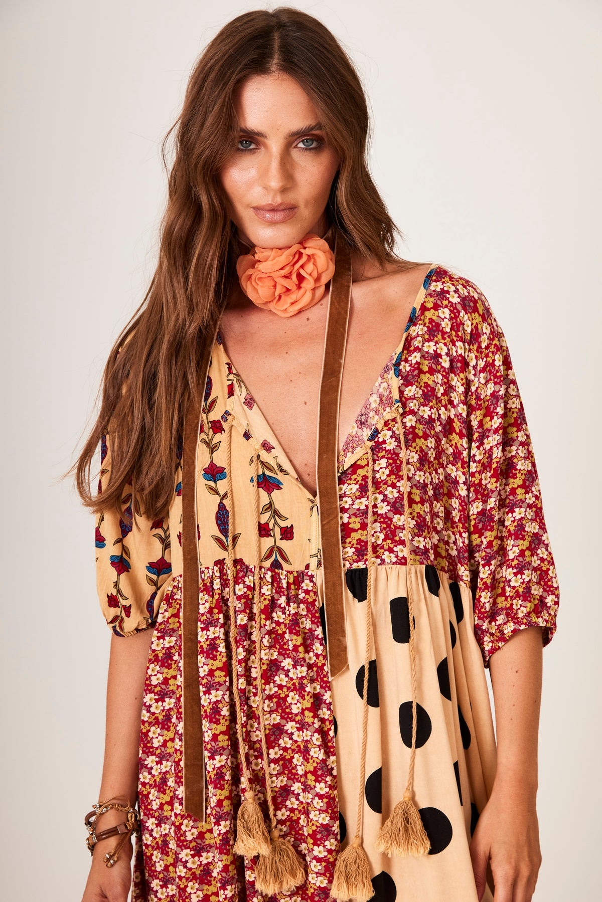 Yacamim D15 Light Brown Patchwork Polka Dot Midi Dress