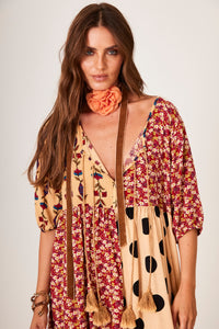 Yacamim D15 Light Brown Patchwork Polka Dot Midi Dress