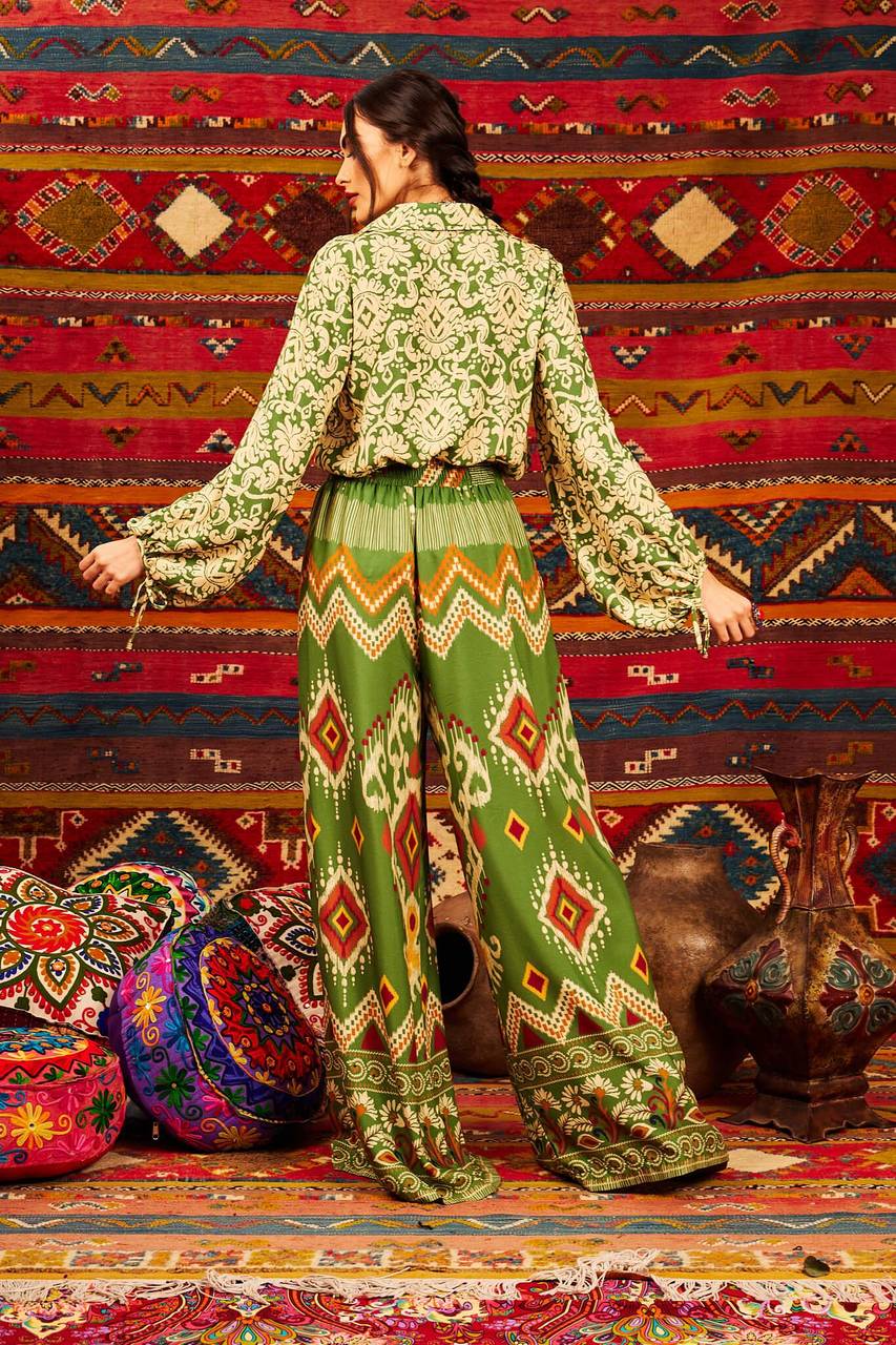 Yacamim Green Printed High-Waisted Palazzo Pants with Pockets