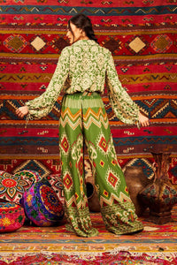 Yacamim Green Printed High-Waisted Palazzo Pants with Pockets