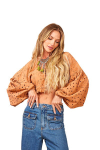 Light Brown Broderie Cropped Blouse with Puff Sleeves Yacamim