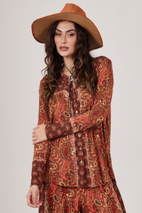 Wide Terracotta Button-Up Blouse with Paisley Print Yacamim B7