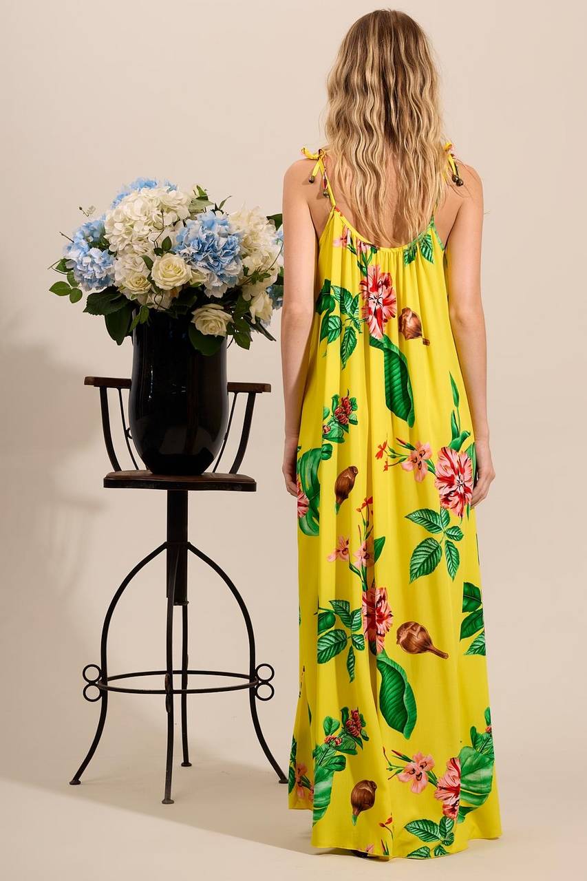 Yacamim D3 Yellow Printed Long Dress with Tie Straps