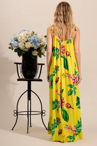Yacamim D3 Yellow Printed Long Dress with Tie Straps