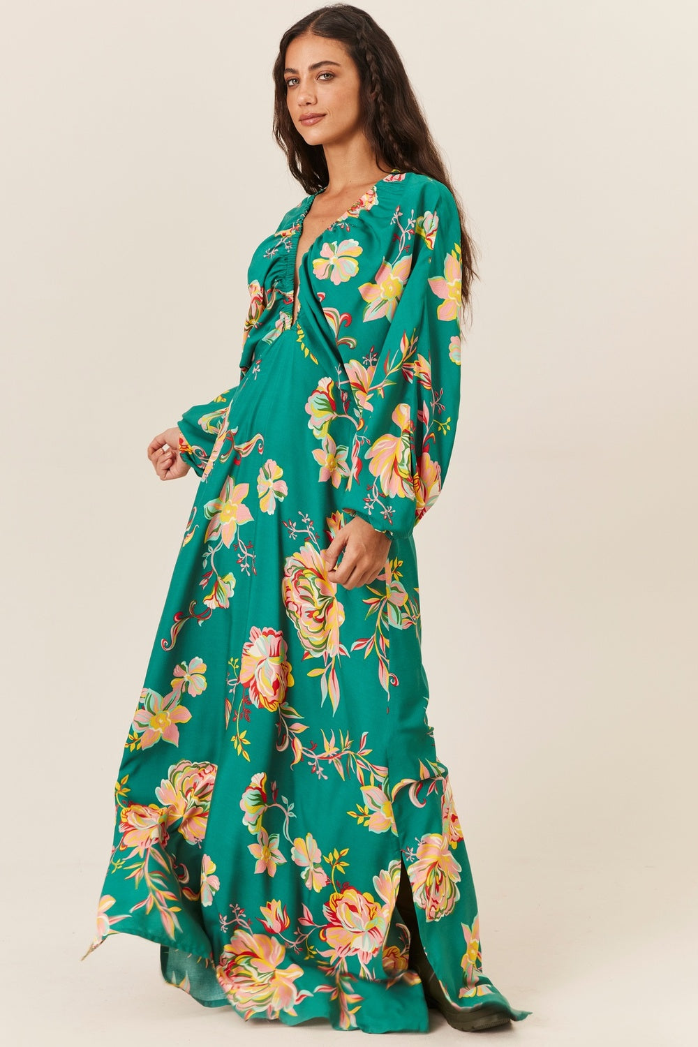 Vestido Longo Com Mangas Bufantes Verde Estampado Yacamim E4