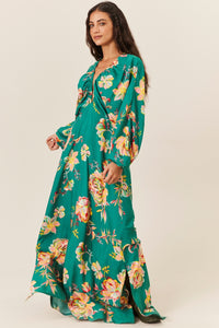 Vestido Longo Com Mangas Bufantes Verde Estampado Yacamim E4