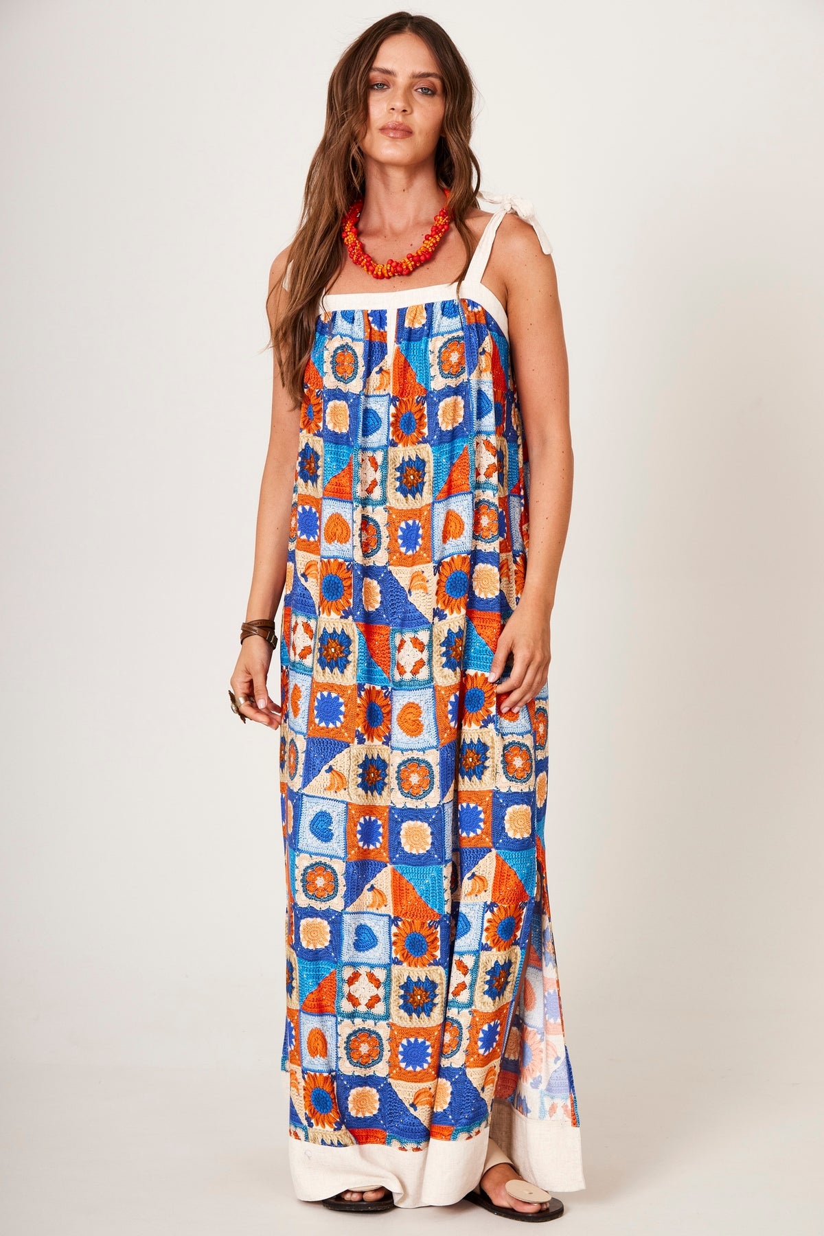 Yacamim C17 Geometric Print Long Dress With Tie Straps