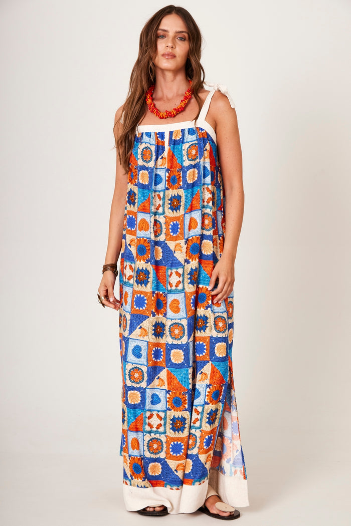 Yacamim C17 Geometric Print Long Dress With Tie Straps
