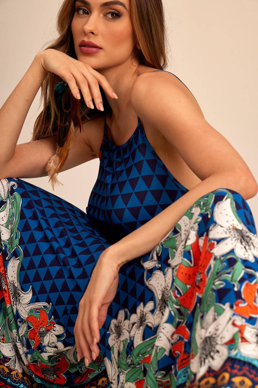 Yacamim O6 Blue and Black Geometric Print Jumpsuit with Pockets