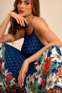 Yacamim O6 Blue and Black Geometric Print Jumpsuit with Pockets