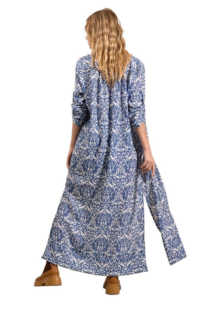 Yacamim N4 Blue Printed Long Shirt Dress with Slits
