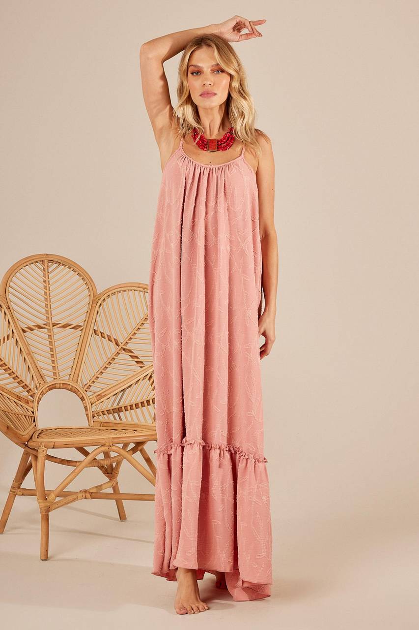 Textured Long Dress with Straps Rosé Yacamim D9