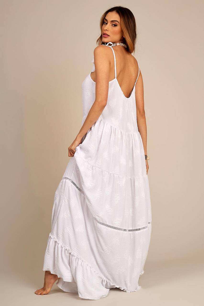 White Yacamim D21 Long Strappy Dress with Ladder Lace and Ruffles