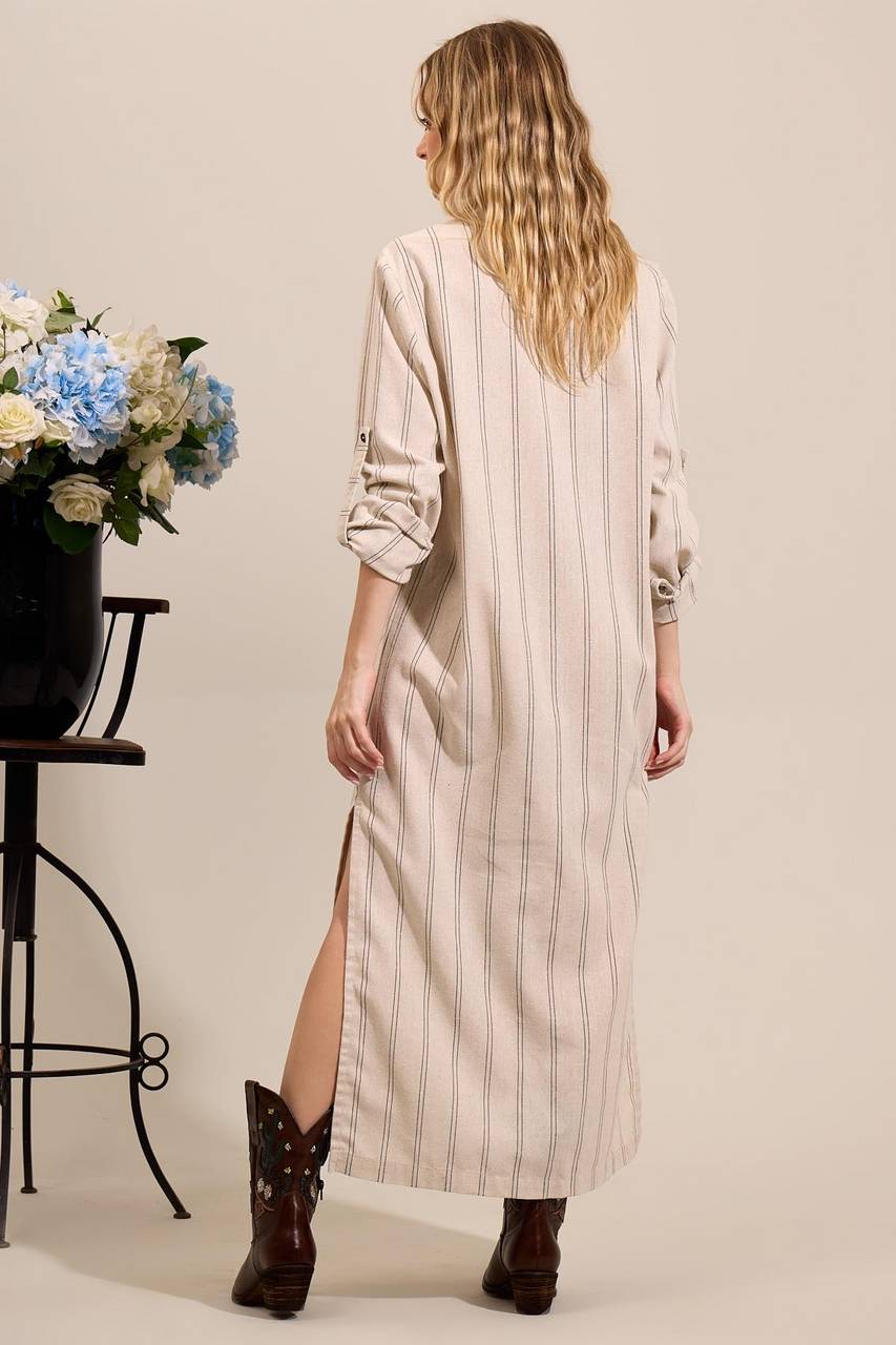 Yacamim Striped Beige Linen Long Chemise with Slits M7