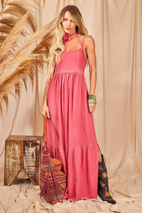 Yacamim Pink Linen Long Dress with Tie Straps