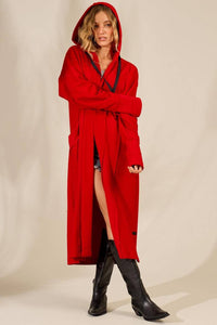 Yacamim Red Hooded Open Midi Sweatshirt