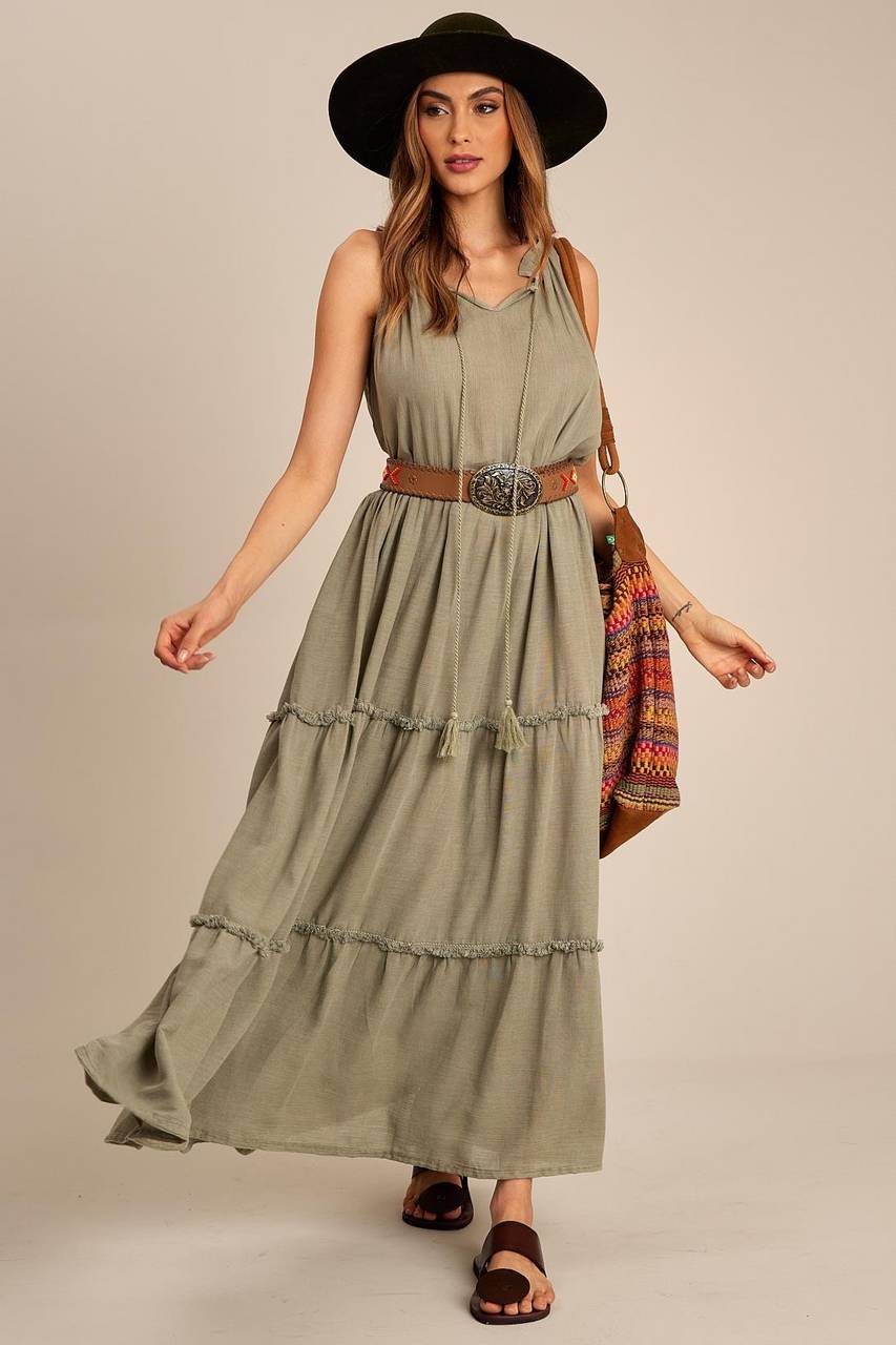 Yacamim Faded Green Ruffled Sleeveless Maxi Dress
