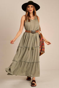 Yacamim Faded Green Ruffled Sleeveless Maxi Dress