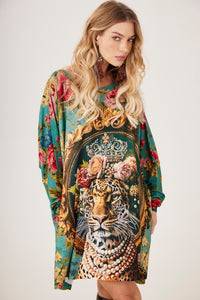 Loose Tunic With Studs Exclusive Green Leopard Print Yacamim S1